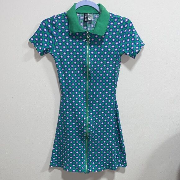 H&M Divided Retro Geo Print Zip Polo Mini Dress Green Purple Y2K‎ Size Small - Picture 3 of 11
